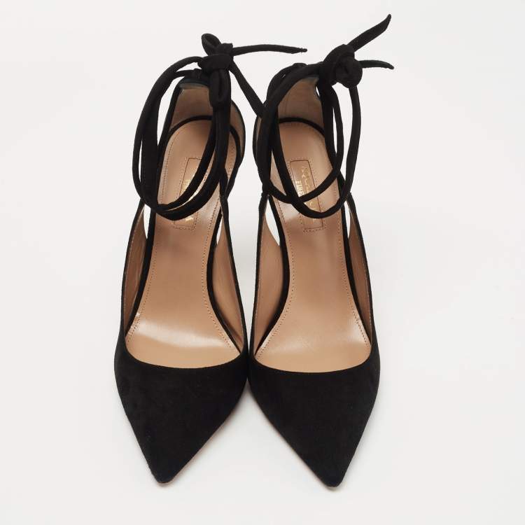 مملوكة مسبقًا Aquazzura Black Suede Parisienne Bow Detail Pumps Size 37.5