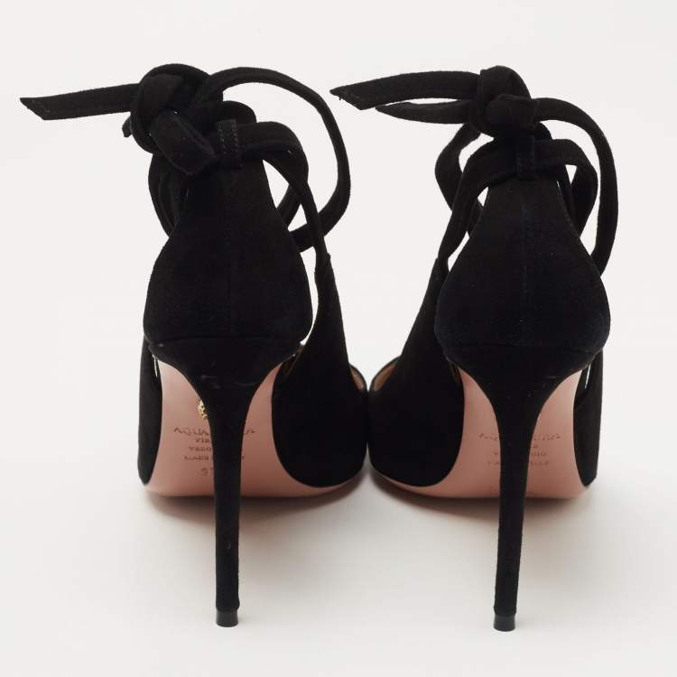 مملوكة مسبقًا Aquazzura Black Suede Parisienne Bow Detail Pumps Size 37.5