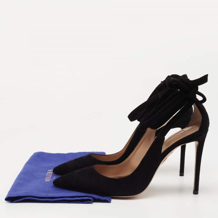 مملوكة مسبقًا Aquazzura Black Suede Parisienne Bow Detail Pumps Size 37.5