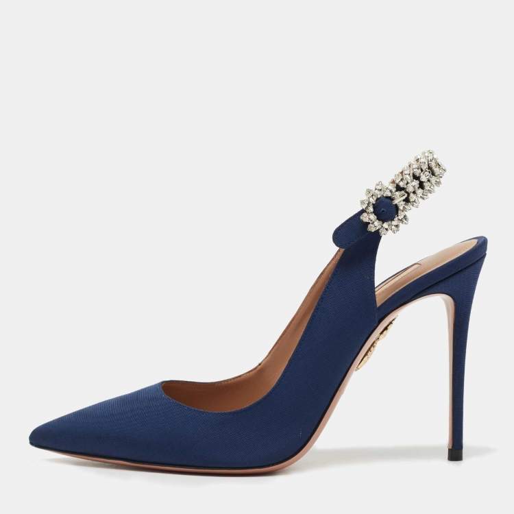 Pre Owned Aquazzura Navy Blue Canvas Portrait Of Lady Slingback Pumps Size 38