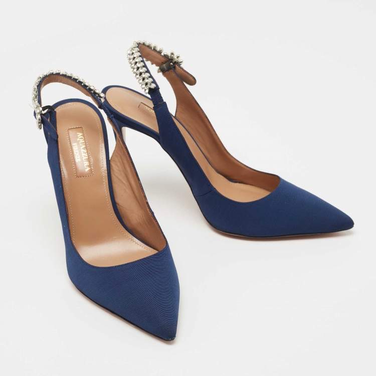Pre Owned Aquazzura Navy Blue Canvas Portrait Of Lady Slingback Pumps Size 38