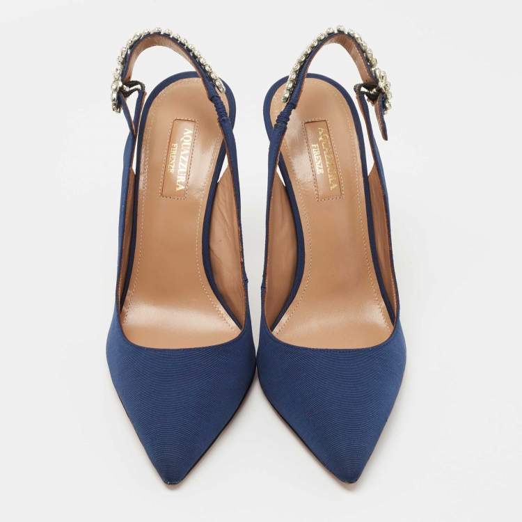 Pre Owned Aquazzura Navy Blue Canvas Portrait Of Lady Slingback Pumps Size 38