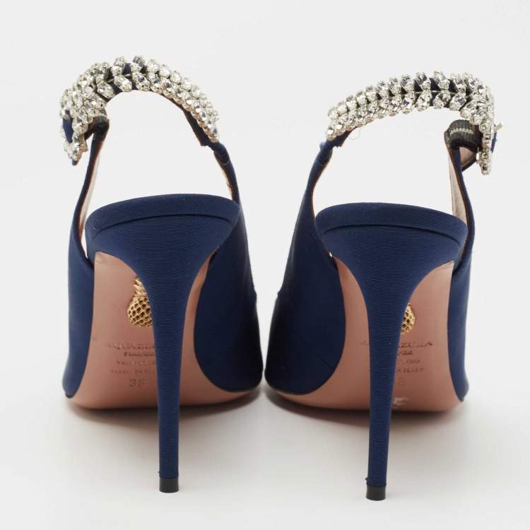 Pre Owned Aquazzura Navy Blue Canvas Portrait Of Lady Slingback Pumps Size 38
