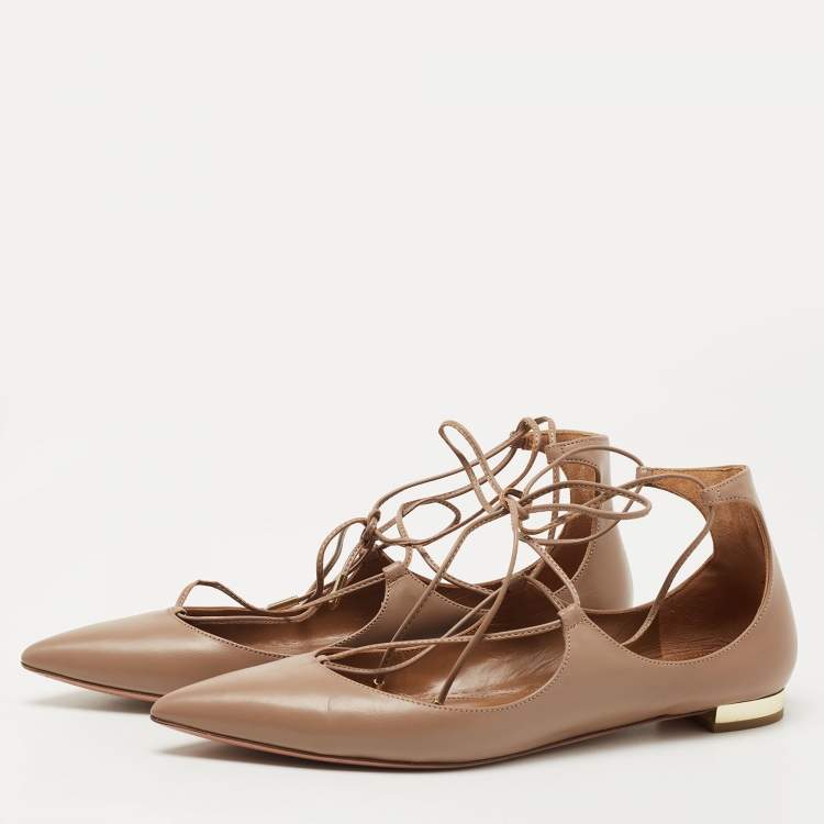 Pre Owned Aquazzura Beige Leather Christy Ankle Tie Ballet Flats Size 38.5