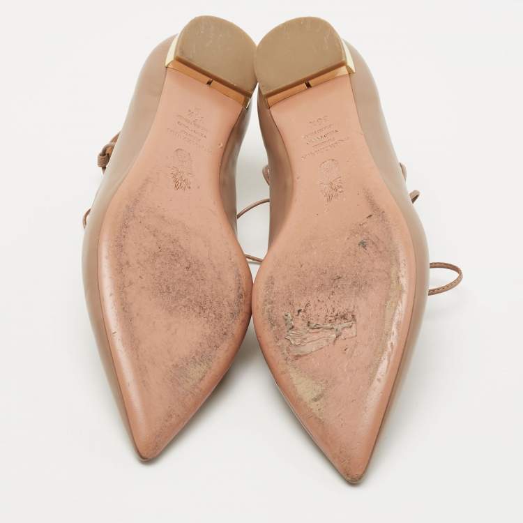 Pre Owned Aquazzura Beige Leather Christy Ankle Tie Ballet Flats Size 38.5