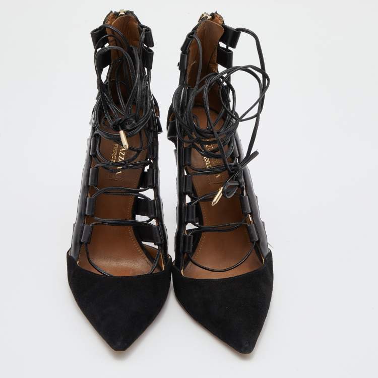 Pre Owned Aquazzura Black Suede and Leather Amazon Ankle Wrap Pumps Size 36.5