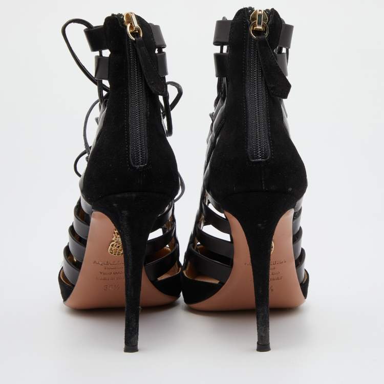 Pre Owned Aquazzura Black Suede and Leather Amazon Ankle Wrap Pumps Size 36.5