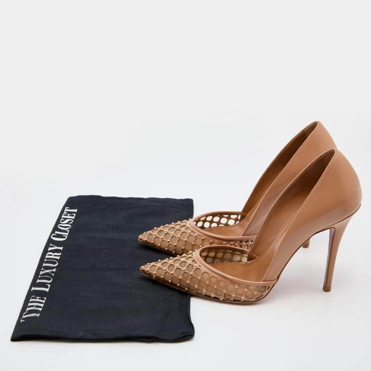 مملوكة مسبقًا Aquazzura Beige Leather and Mesh Studded Pointed Toe Pumps Size 36