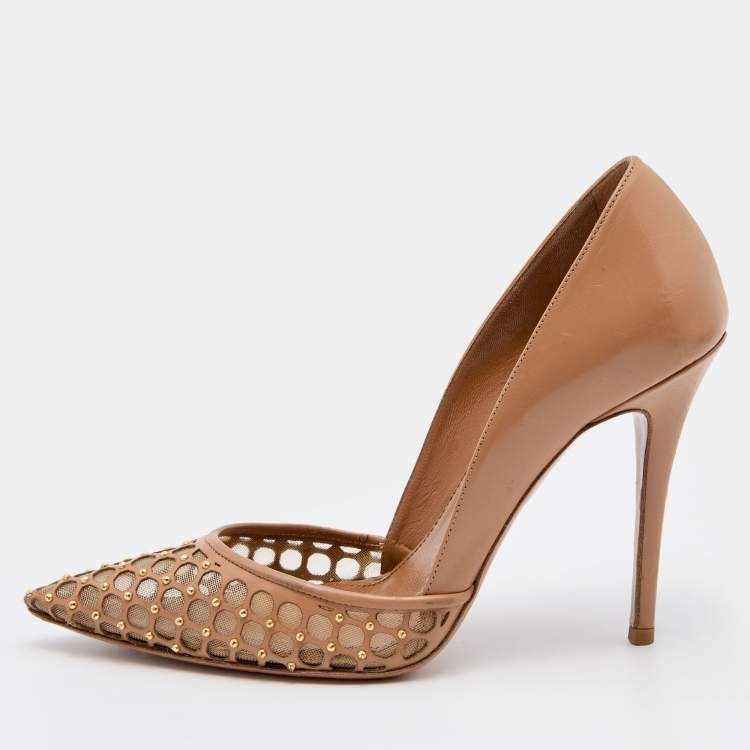 مملوكة مسبقًا Aquazzura Beige Leather and Mesh Studded Pointed Toe Pumps Size 36
