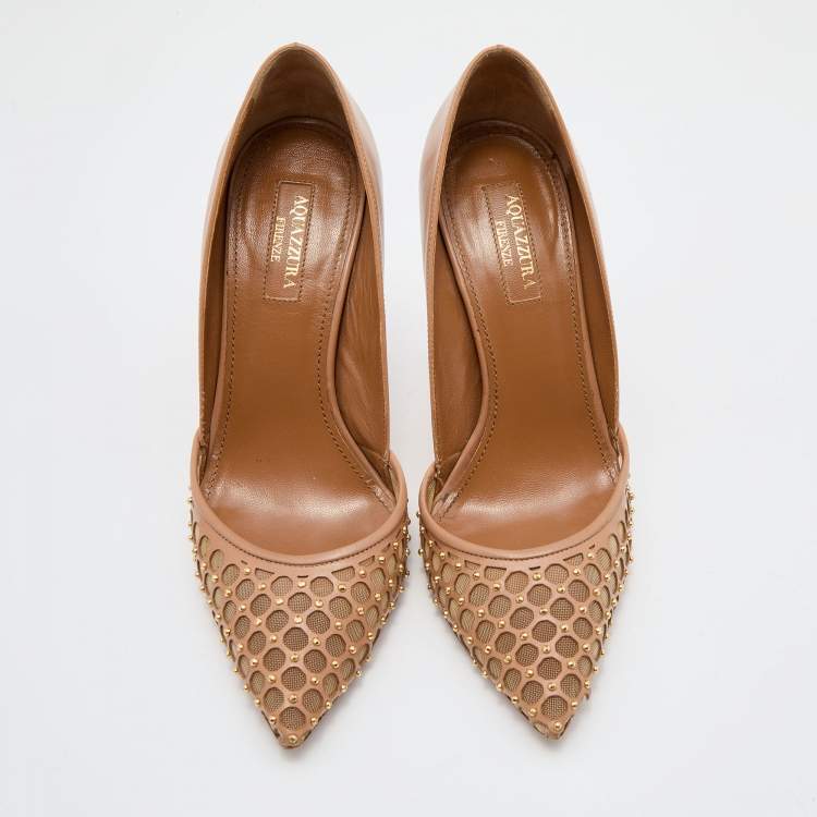 مملوكة مسبقًا Aquazzura Beige Leather and Mesh Studded Pointed Toe Pumps Size 36