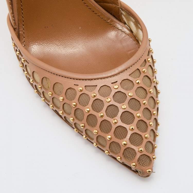 مملوكة مسبقًا Aquazzura Beige Leather and Mesh Studded Pointed Toe Pumps Size 36