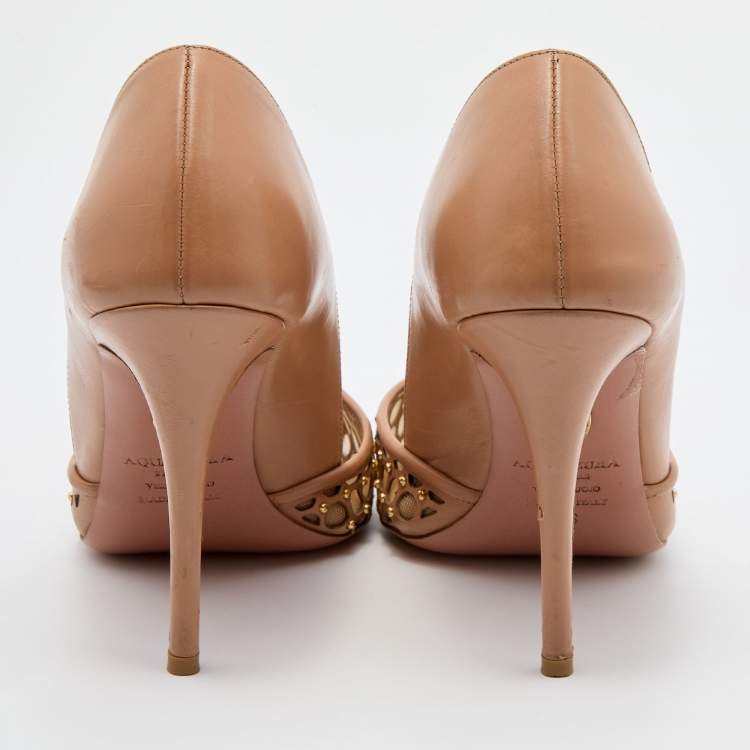 مملوكة مسبقًا Aquazzura Beige Leather and Mesh Studded Pointed Toe Pumps Size 36
