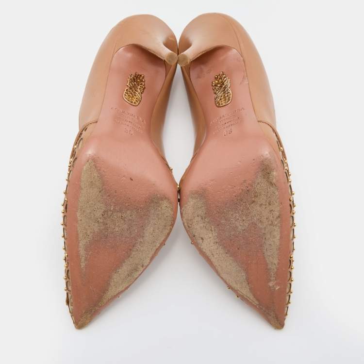 مملوكة مسبقًا Aquazzura Beige Leather and Mesh Studded Pointed Toe Pumps Size 36