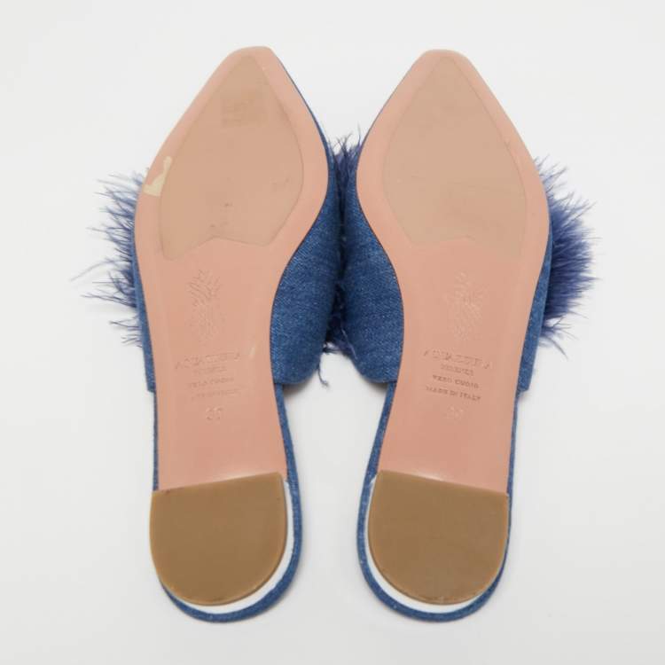 مملوكة مسبقًا Aquazzura Blue Denim Pompom Detail Boudoir Mules Size 39
