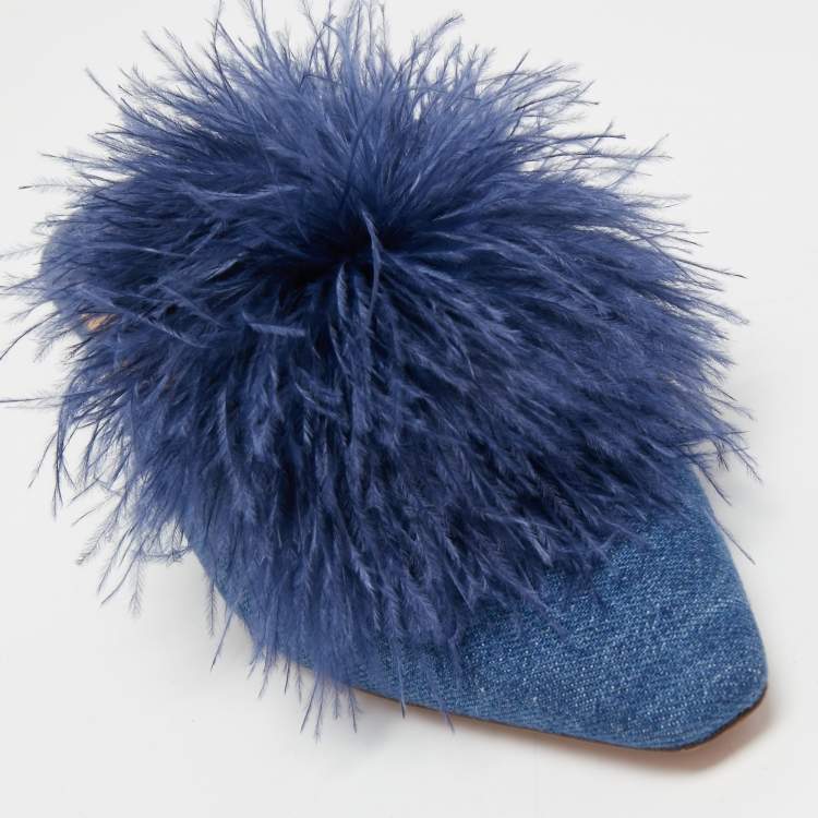 مملوكة مسبقًا Aquazzura Blue Denim Pompom Detail Boudoir Mules Size 39