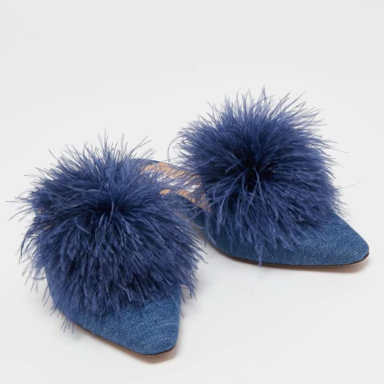مملوكة مسبقًا Aquazzura Blue Denim Pompom Detail Boudoir Mules Size 39