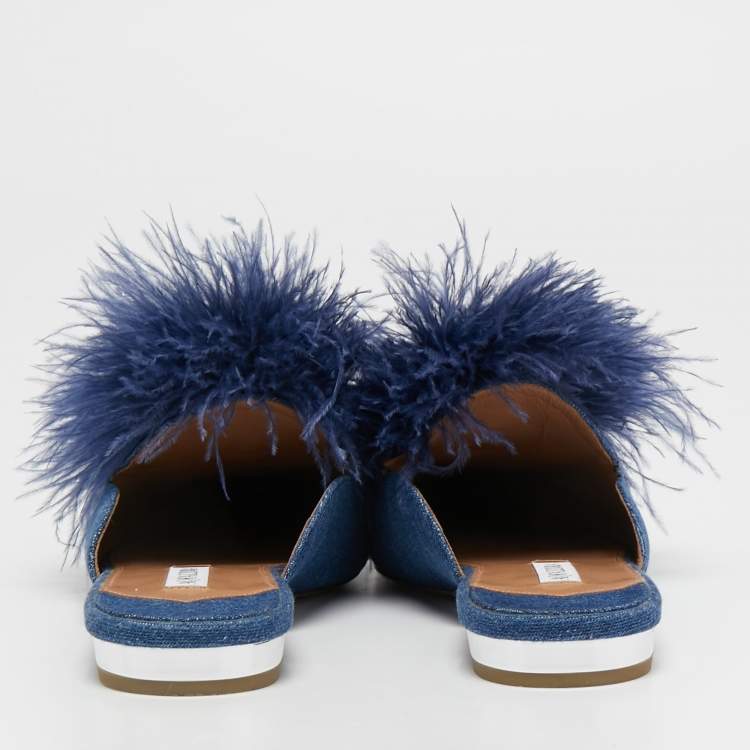 مملوكة مسبقًا Aquazzura Blue Denim Pompom Detail Boudoir Mules Size 39