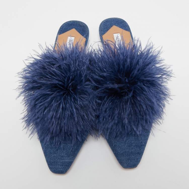 مملوكة مسبقًا Aquazzura Blue Denim Pompom Detail Boudoir Mules Size 39