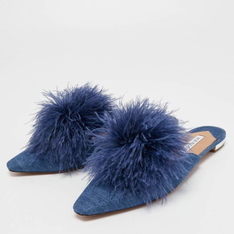 مملوكة مسبقًا Aquazzura Blue Denim Pompom Detail Boudoir Mules Size 39