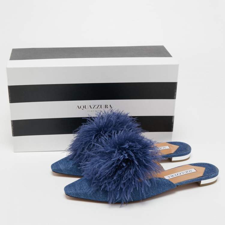 مملوكة مسبقًا Aquazzura Blue Denim Pompom Detail Boudoir Mules Size 39