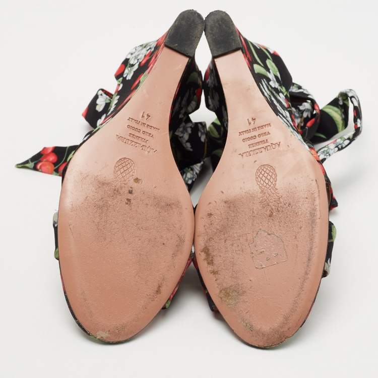 مملوكة مسبقًا Aquazzura Multicolor Fabric Cherry Blossom Print  Wedge Ankle Wrap Sandals Size 41