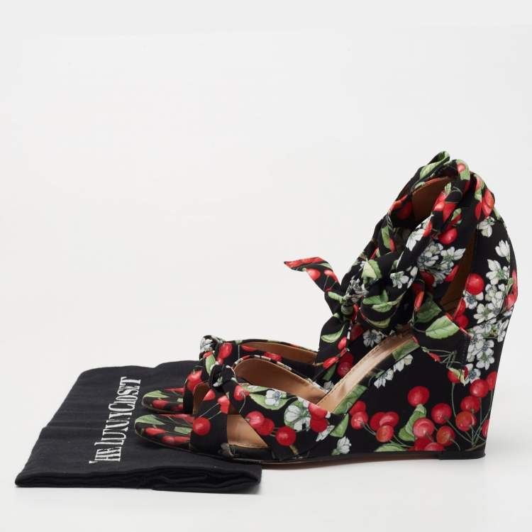 مملوكة مسبقًا Aquazzura Multicolor Fabric Cherry Blossom Print  Wedge Ankle Wrap Sandals Size 41