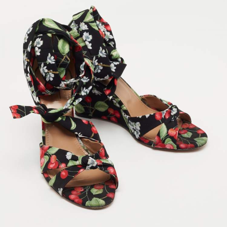 مملوكة مسبقًا Aquazzura Multicolor Fabric Cherry Blossom Print  Wedge Ankle Wrap Sandals Size 41