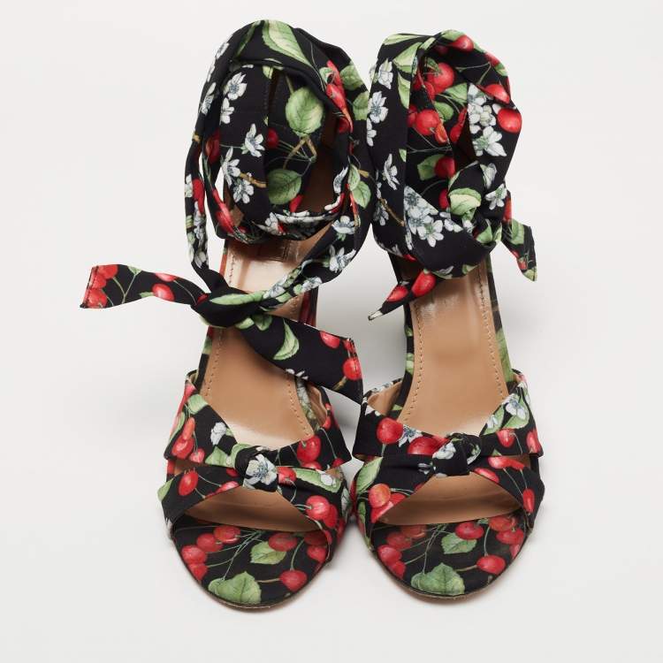 مملوكة مسبقًا Aquazzura Multicolor Fabric Cherry Blossom Print  Wedge Ankle Wrap Sandals Size 41