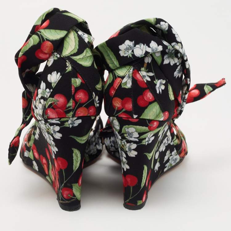 مملوكة مسبقًا Aquazzura Multicolor Fabric Cherry Blossom Print  Wedge Ankle Wrap Sandals Size 41