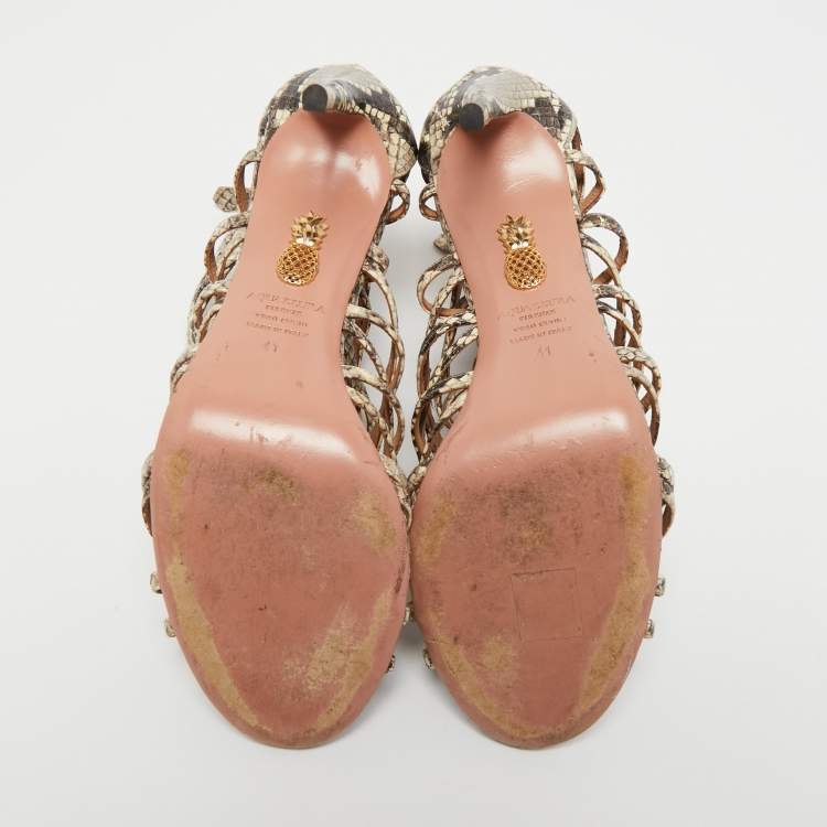 Pre Owned Aquazzura Beige/Brown Python Embossed Leather Knockout Sandals Size 41
