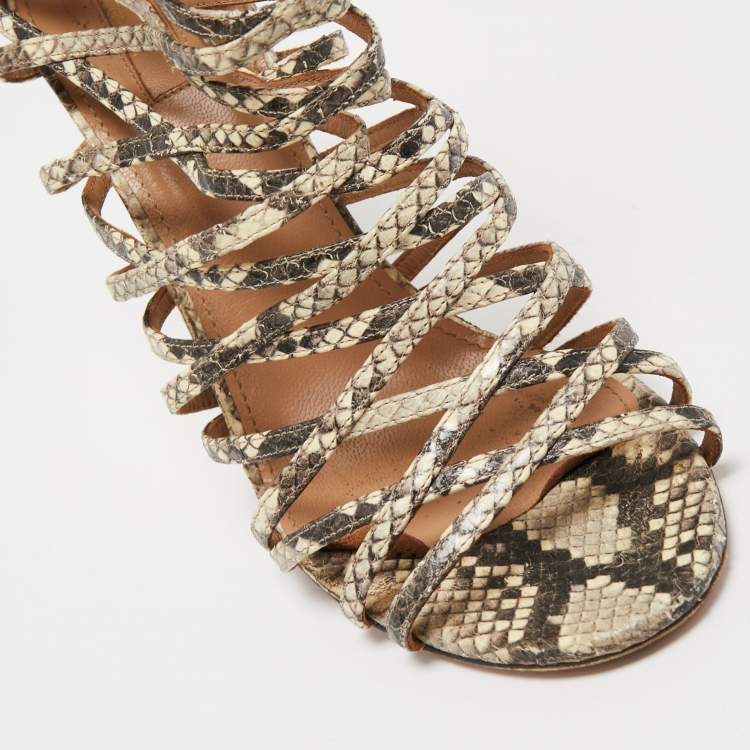 Pre Owned Aquazzura Beige/Brown Python Embossed Leather Knockout Sandals Size 41