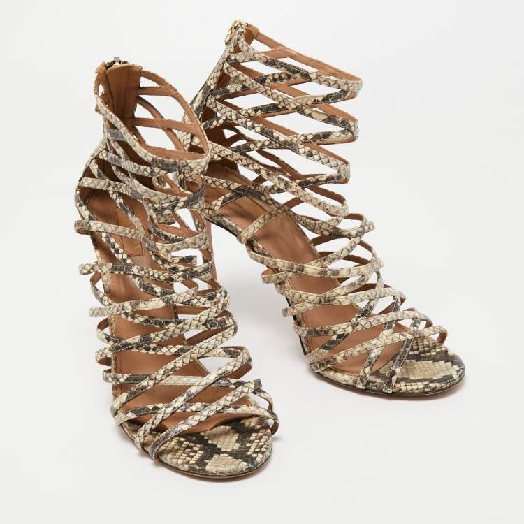 Pre Owned Aquazzura Beige/Brown Python Embossed Leather Knockout Sandals Size 41