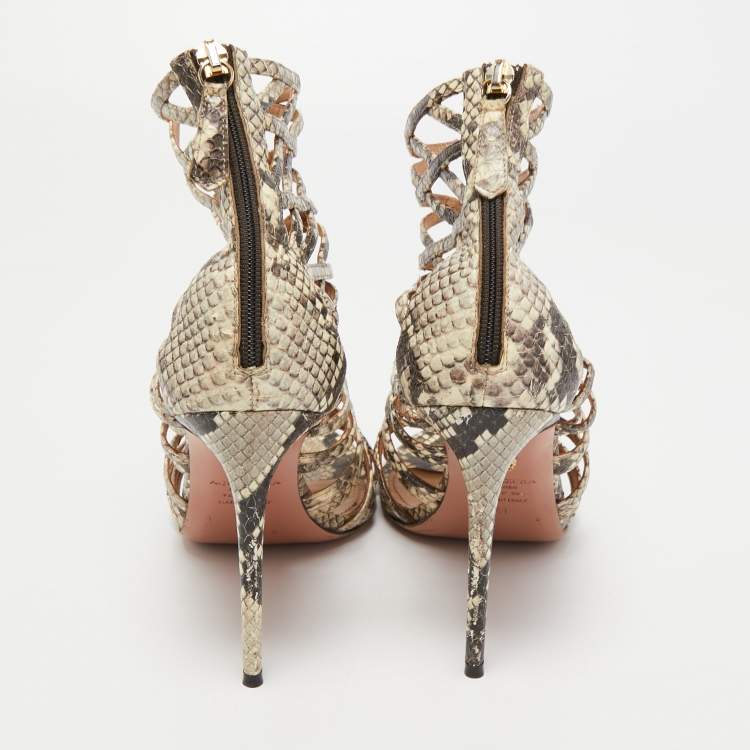 Pre Owned Aquazzura Beige/Brown Python Embossed Leather Knockout Sandals Size 41