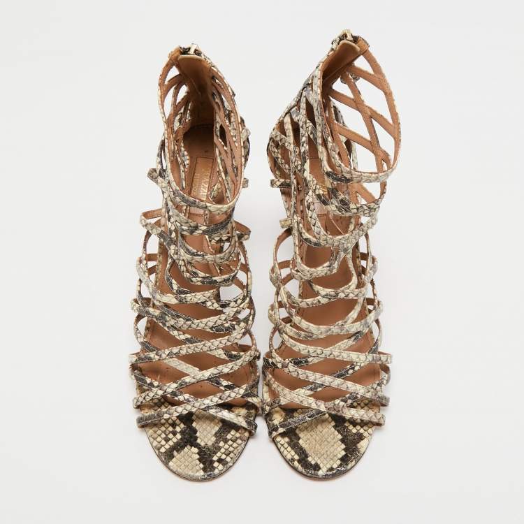 Pre Owned Aquazzura Beige/Brown Python Embossed Leather Knockout Sandals Size 41