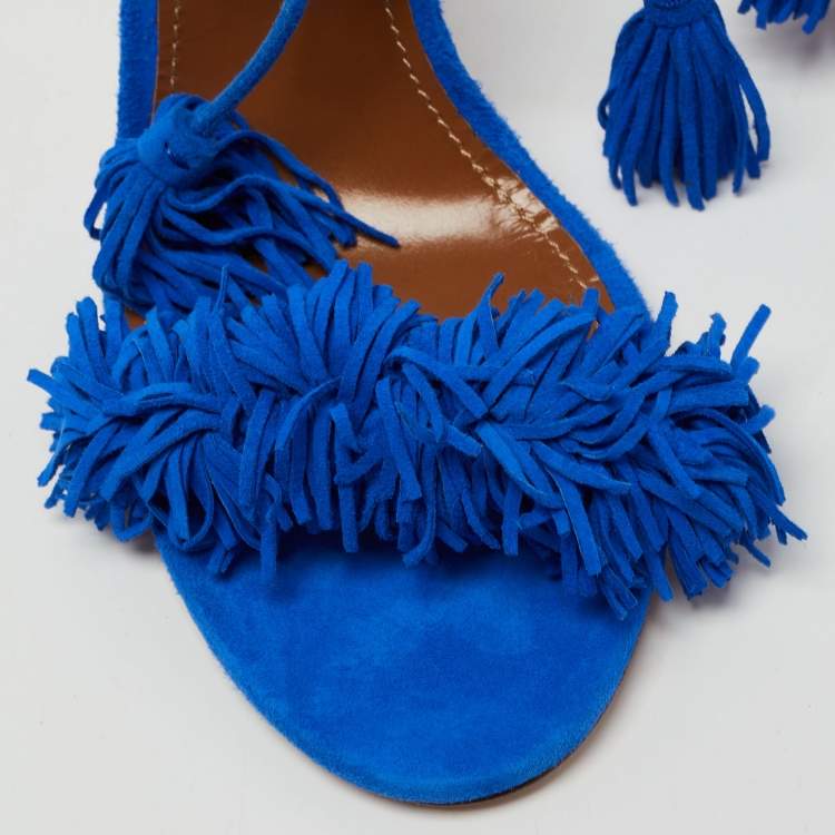 Pre Owned Aquazzura Blue Suede Wild Thing Ankle Wrap Sandals Size 39.5