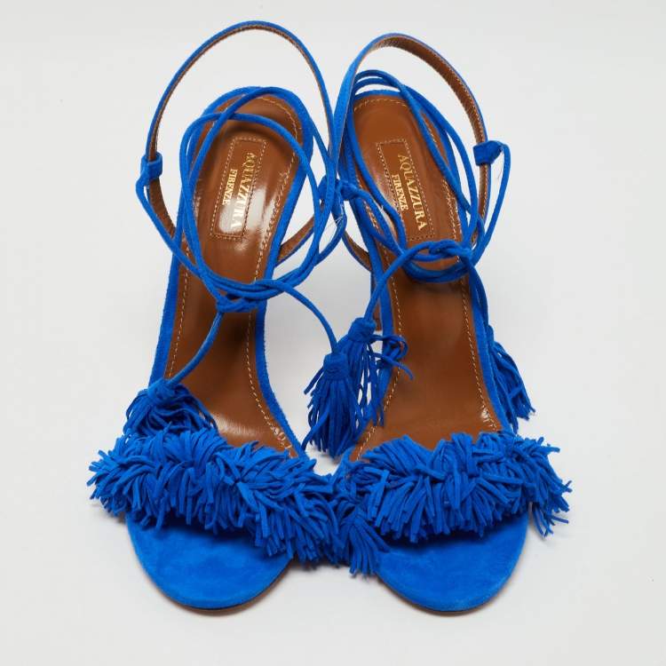Pre Owned Aquazzura Blue Suede Wild Thing Ankle Wrap Sandals Size 39.5