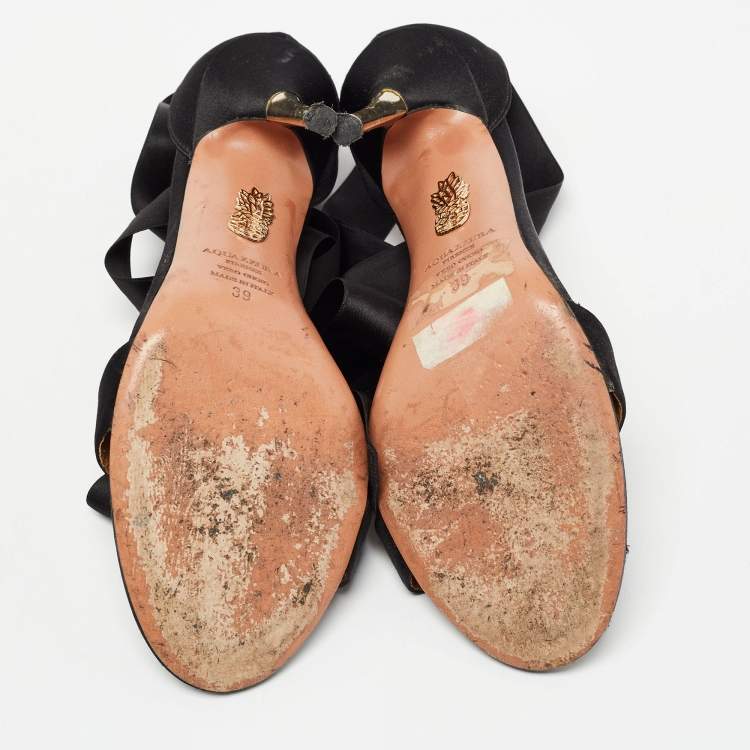Pre Owned Aquazzura Black Satin Ankle Wrap Sandals Size 39