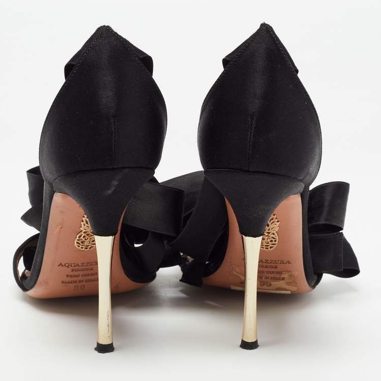 Pre Owned Aquazzura Black Satin Ankle Wrap Sandals Size 39