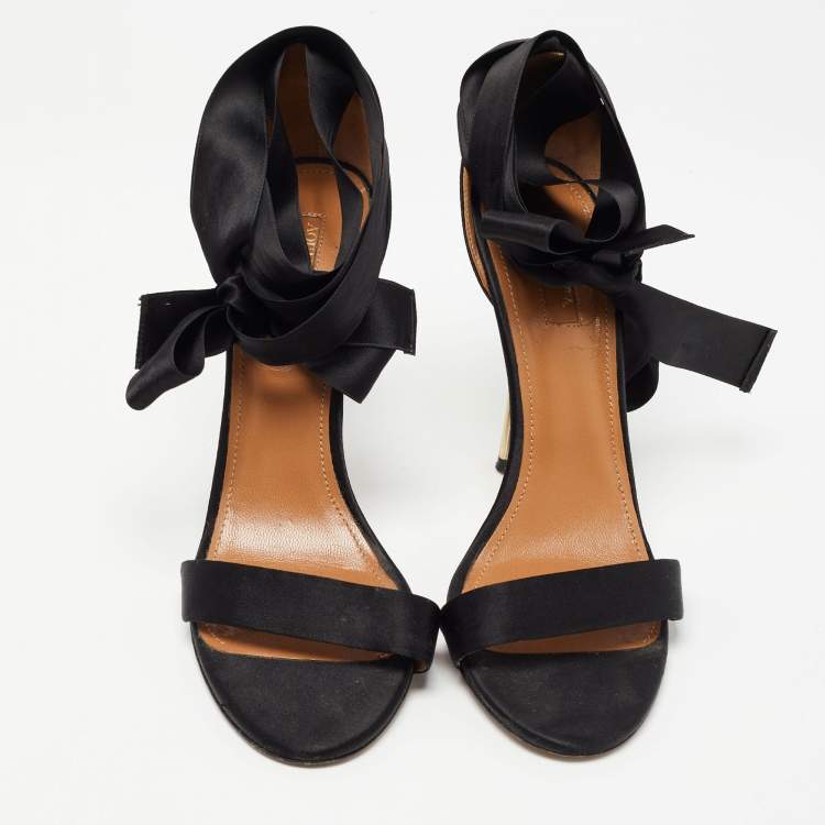 Pre Owned Aquazzura Black Satin Ankle Wrap Sandals Size 39