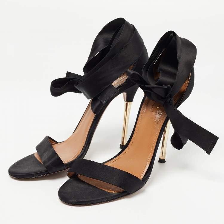Pre Owned Aquazzura Black Satin Ankle Wrap Sandals Size 39