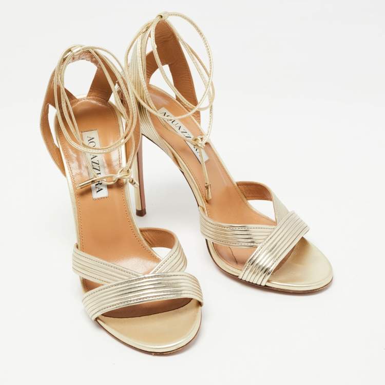 Pre Owned Aquazzura Metallic Gold Leather Nathalie Ankle Wrap Sandals Size 37
