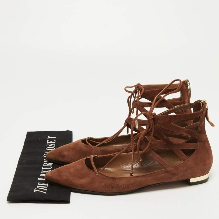 Pre Owned Aquazzura Brown Suede Dancer Ankle Tie Ballet Flats Size 39.5