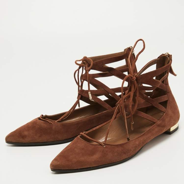 Pre Owned Aquazzura Brown Suede Dancer Ankle Tie Ballet Flats Size 39.5
