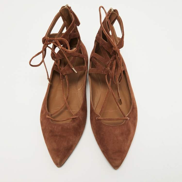 Pre Owned Aquazzura Brown Suede Dancer Ankle Tie Ballet Flats Size 39.5