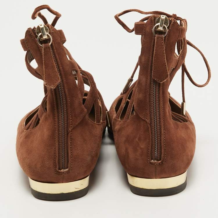 Pre Owned Aquazzura Brown Suede Dancer Ankle Tie Ballet Flats Size 39.5