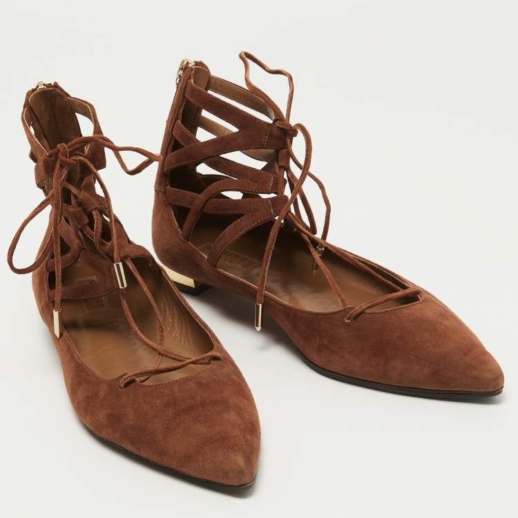 Pre Owned Aquazzura Brown Suede Dancer Ankle Tie Ballet Flats Size 39.5