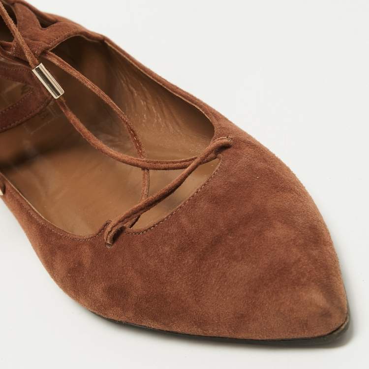Pre Owned Aquazzura Brown Suede Dancer Ankle Tie Ballet Flats Size 39.5