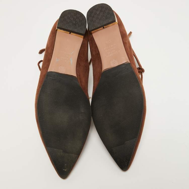 Pre Owned Aquazzura Brown Suede Dancer Ankle Tie Ballet Flats Size 39.5