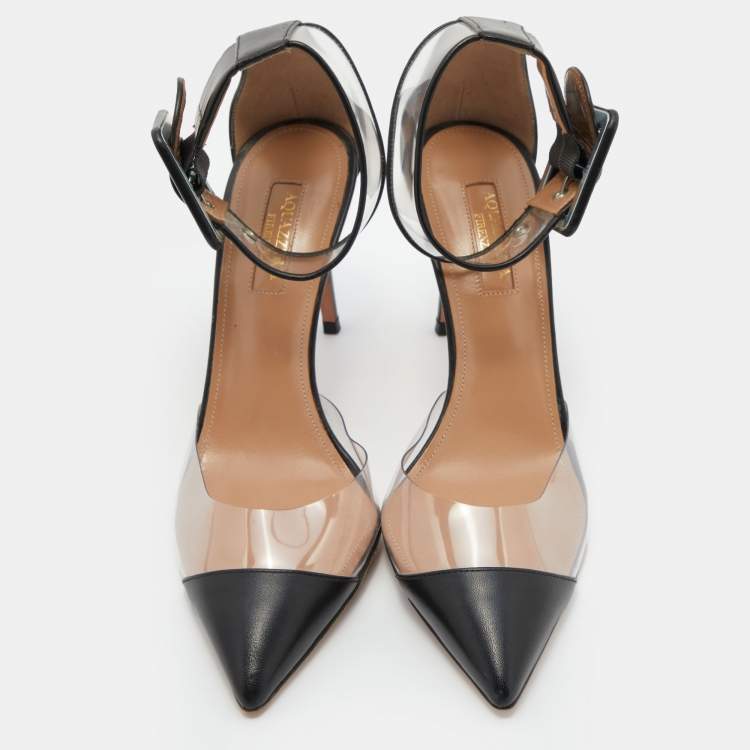 Pre Owned Aquazzura Black/Transparent Leather and PVC Ankle Strap Sandals Size 37