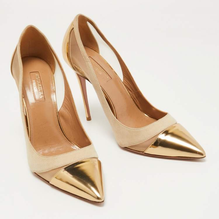 Pre Owned Aquazzura Beige/Gold Suede, Leather and Mesh Savoy Pumps Size 38   